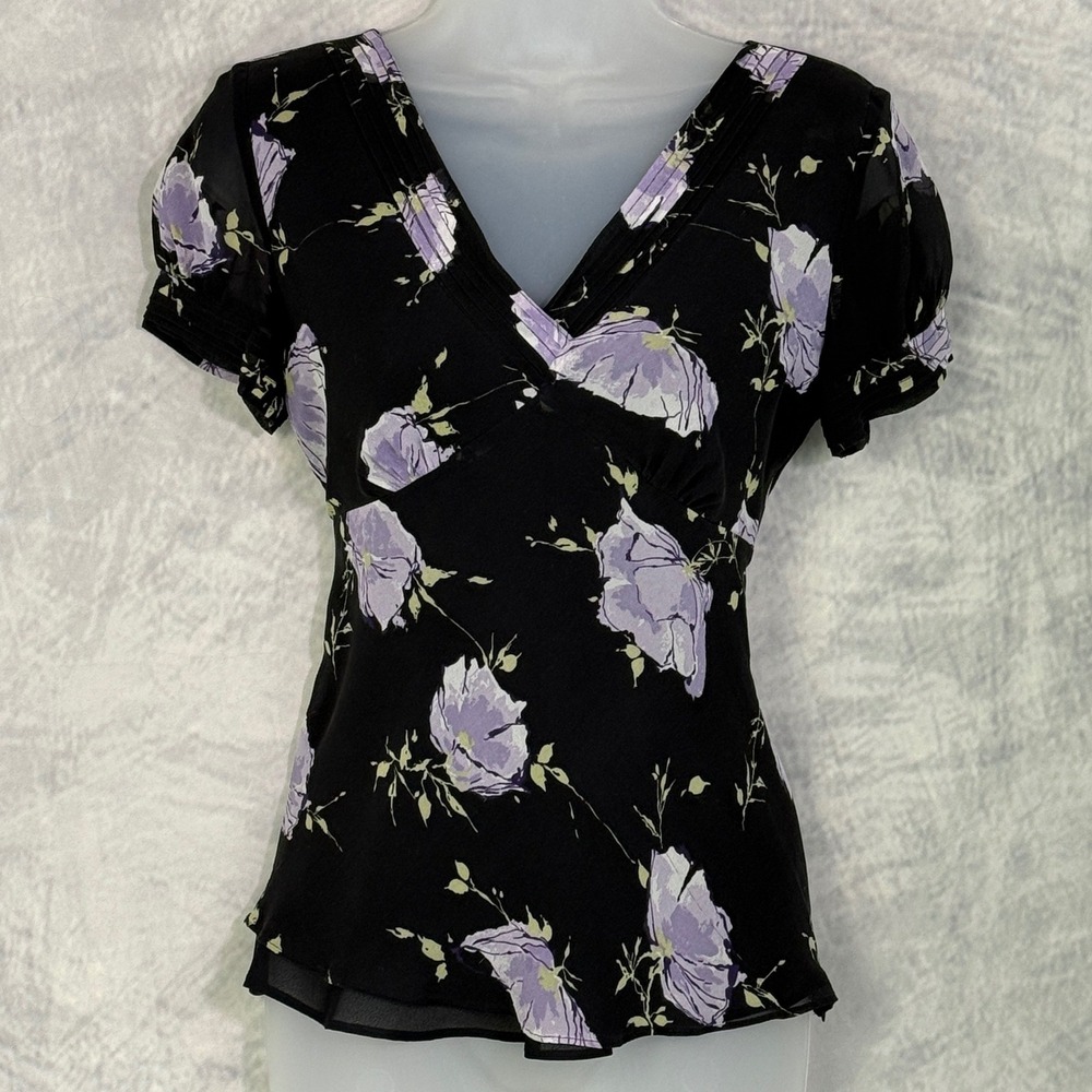 Vtg y2k 100% Silk ANN TAYLOR Babydoll Top Sz 4 purple dark floral fairy dainty